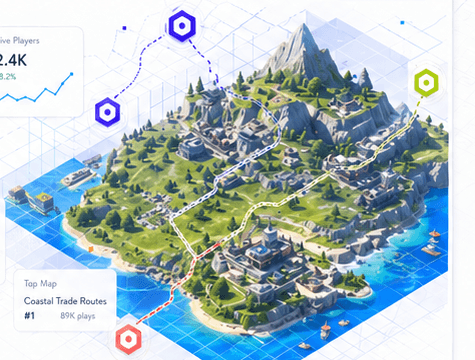 UEFN island with route lines, waypoints, and creator analytics overlays